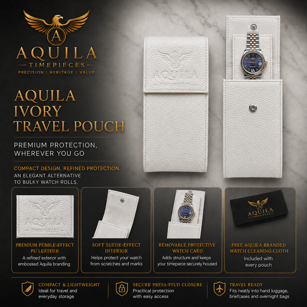 AQUILA PREMIUM PEBBLE PU LEATHER WATCH TRAVEL POUCH