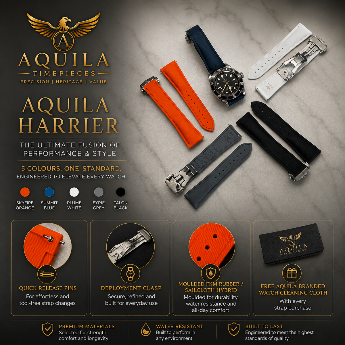 AQUILA HARRIER FKM RUBBER / SAILCLOTH HYBRID WATCH STRAP 20mm | 21mm | 22mm | Deployment Clasp